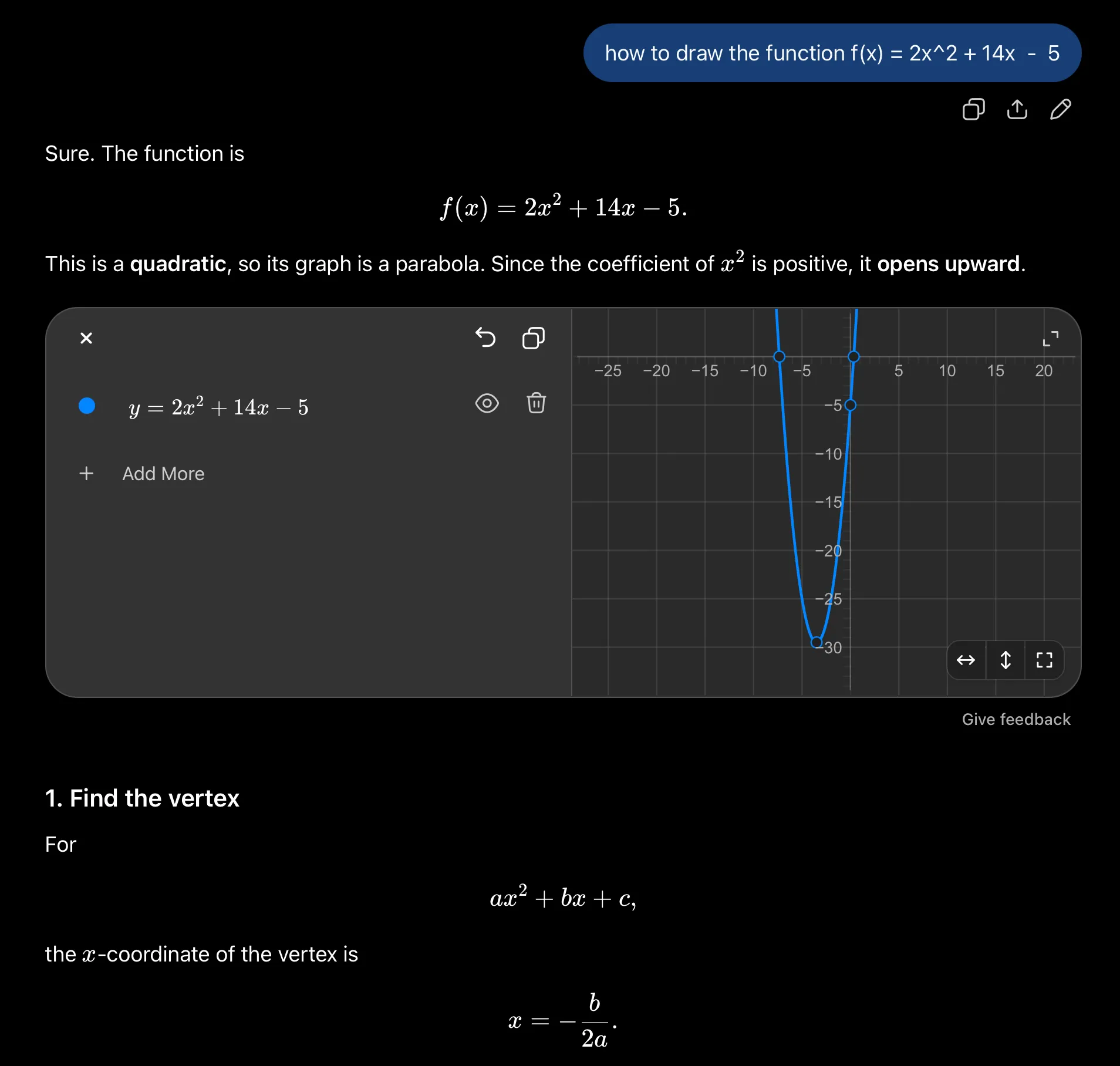 ChatGPT's answer with an embedded interactive graphing widget: an editable equation panel on the left and the plotted curve with pan and zoom controls on the right. The default axis range is so wide that the parabola renders as a narrow, steep U.