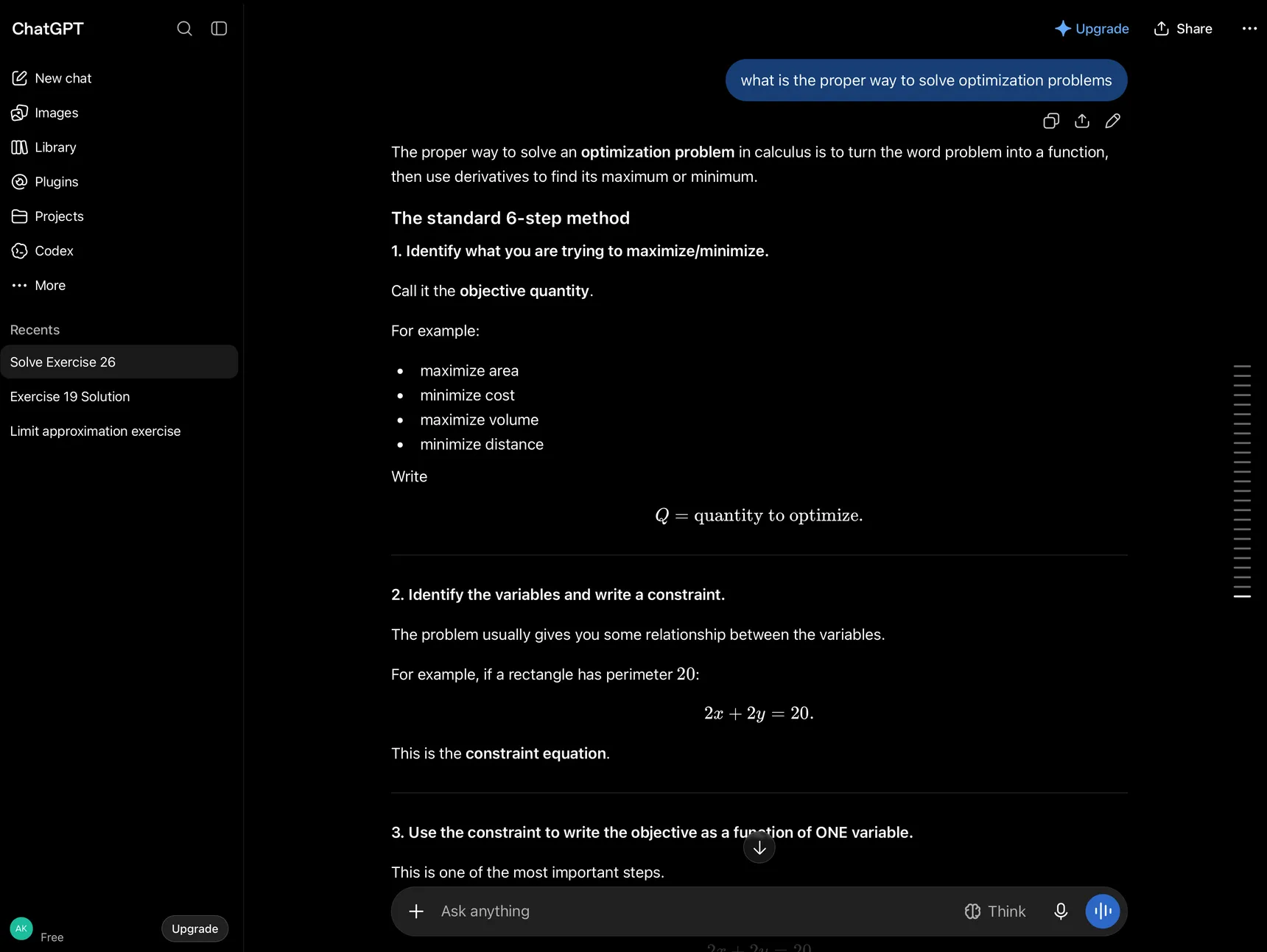 ChatGPT answering a question about optimization, with the sidebar showing New chat, Images, Library, Plugins, Projects and Codex, and a list of recent per-exercise conversations. No part of the book is visible.