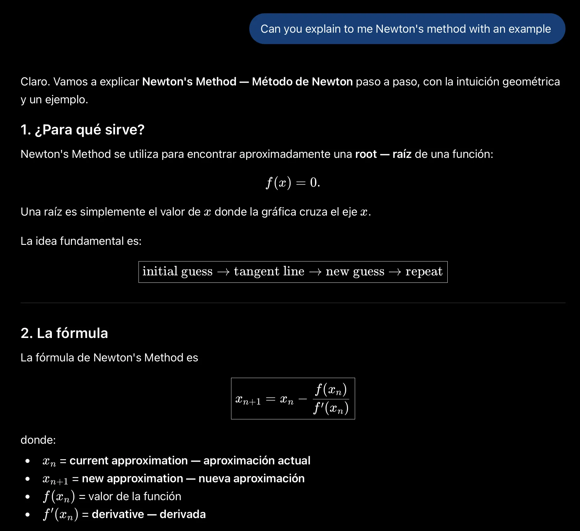 ChatGPT answering in Spanish but pairing each English term with its Spanish translation using dashes, as in root — raíz and derivative — derivada, and repeating Newton's Method in English throughout the prose.