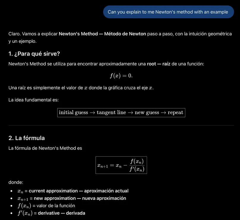 ChatGPT answering in Spanish but pairing each English term with its Spanish translation using dashes, as in root — raíz and derivative — derivada, and repeating Newton's Method in English throughout the prose.