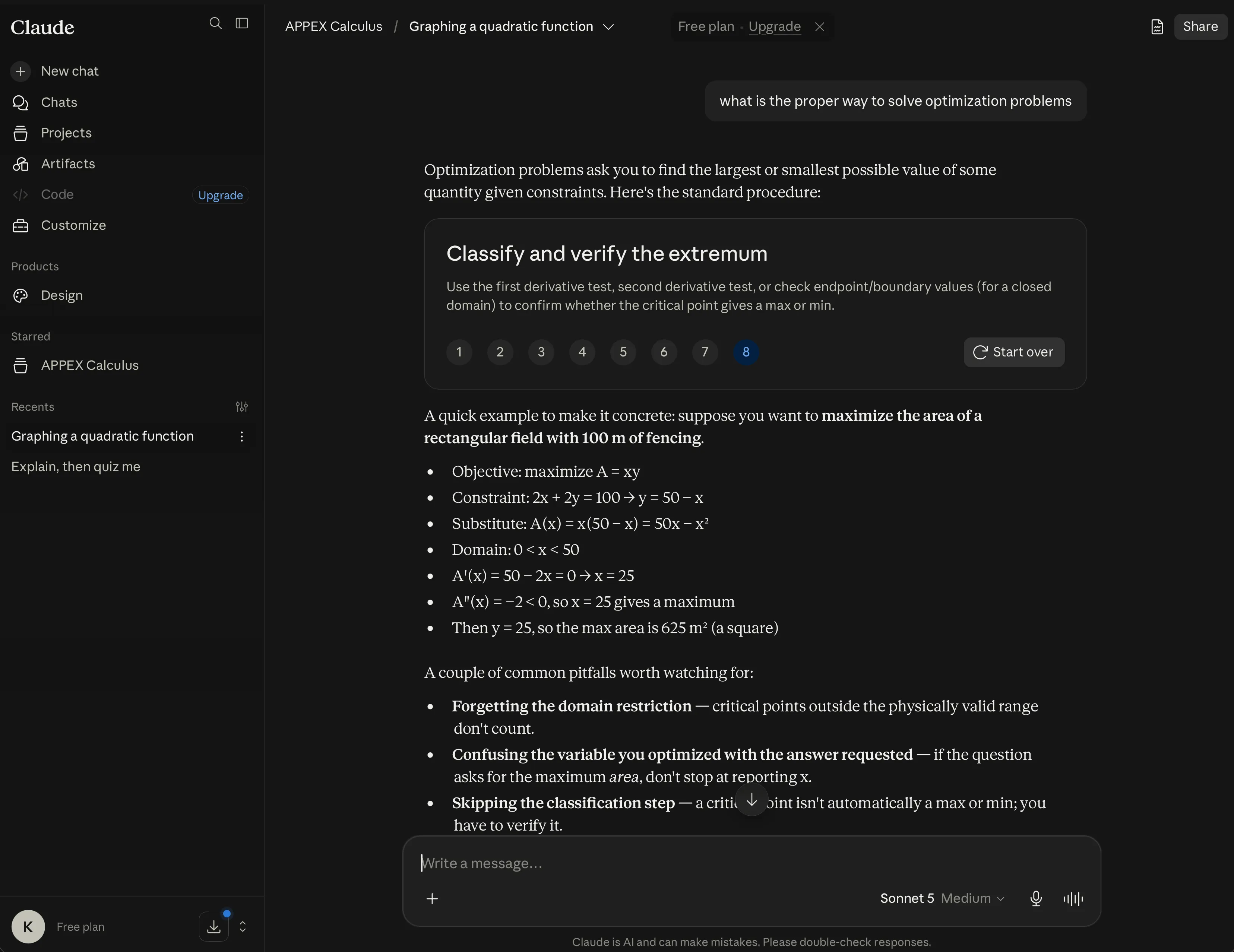 Claude Projects answering a question about optimization, with a sidebar of navigation links and recent chats on the left and the conversation filling the rest of the window. No part of the book is visible.