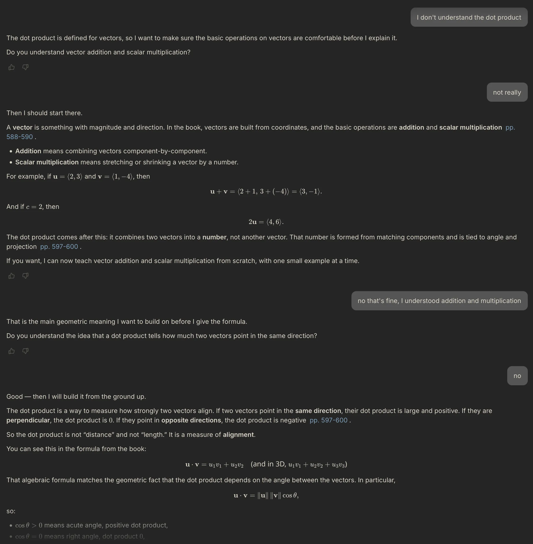 A conversation in Meletium. Asked to explain the dot product, Glaux first asks whether the reader understands vector addition and scalar multiplication, covers those when the answer is no, then asks whether the geometric idea is clear before building up to the formula, citing pages 588-590 and 597-600 along the way.