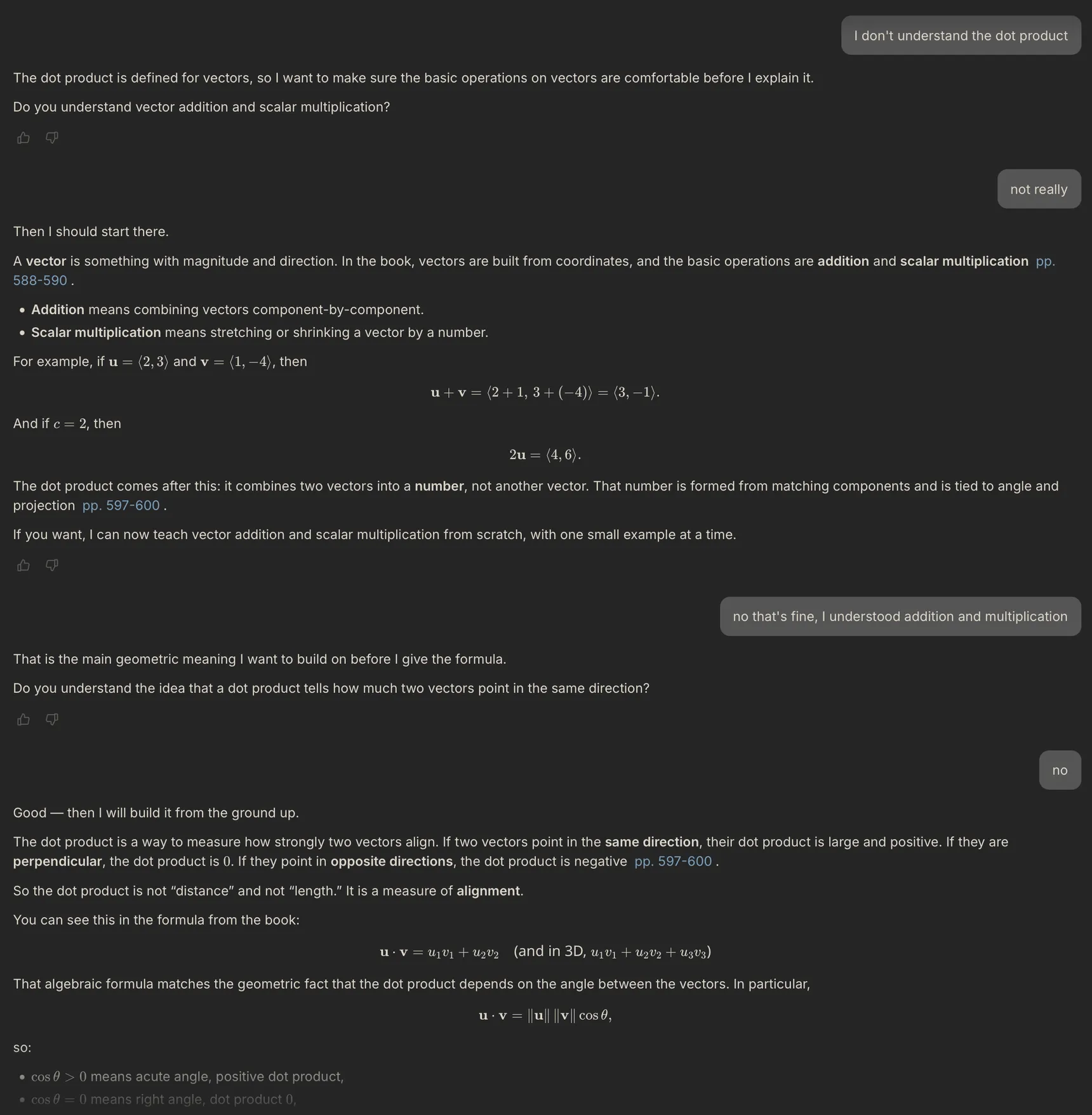 A conversation in Meletium. Asked to explain the dot product, Glaux first asks whether the reader understands vector addition and scalar multiplication, covers those when the answer is no, then asks whether the geometric idea is clear before building up to the formula, citing pages 588-590 and 597-600 along the way.