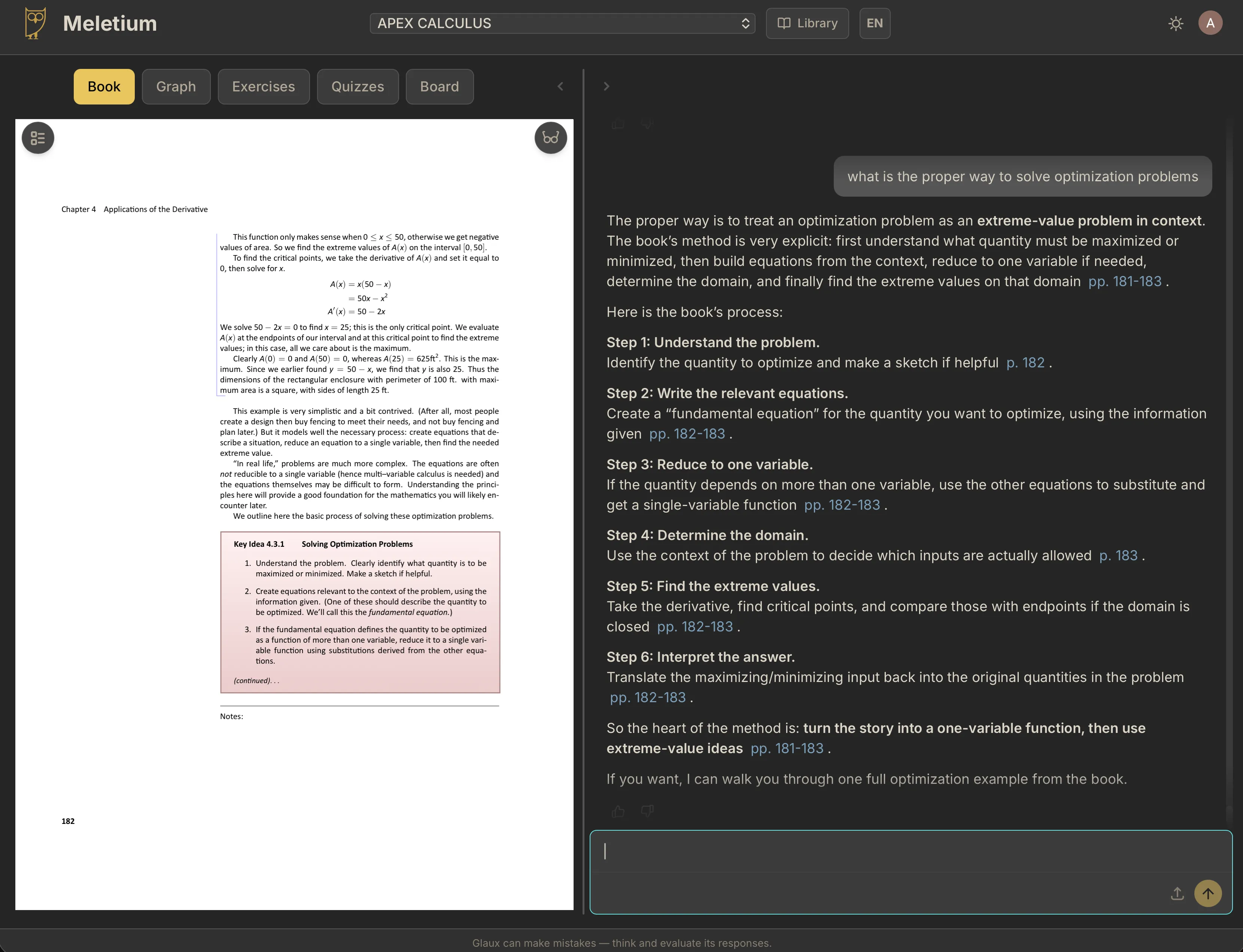 Meletium's reading space, with a page of the textbook filling the main view and the chat alongside it.