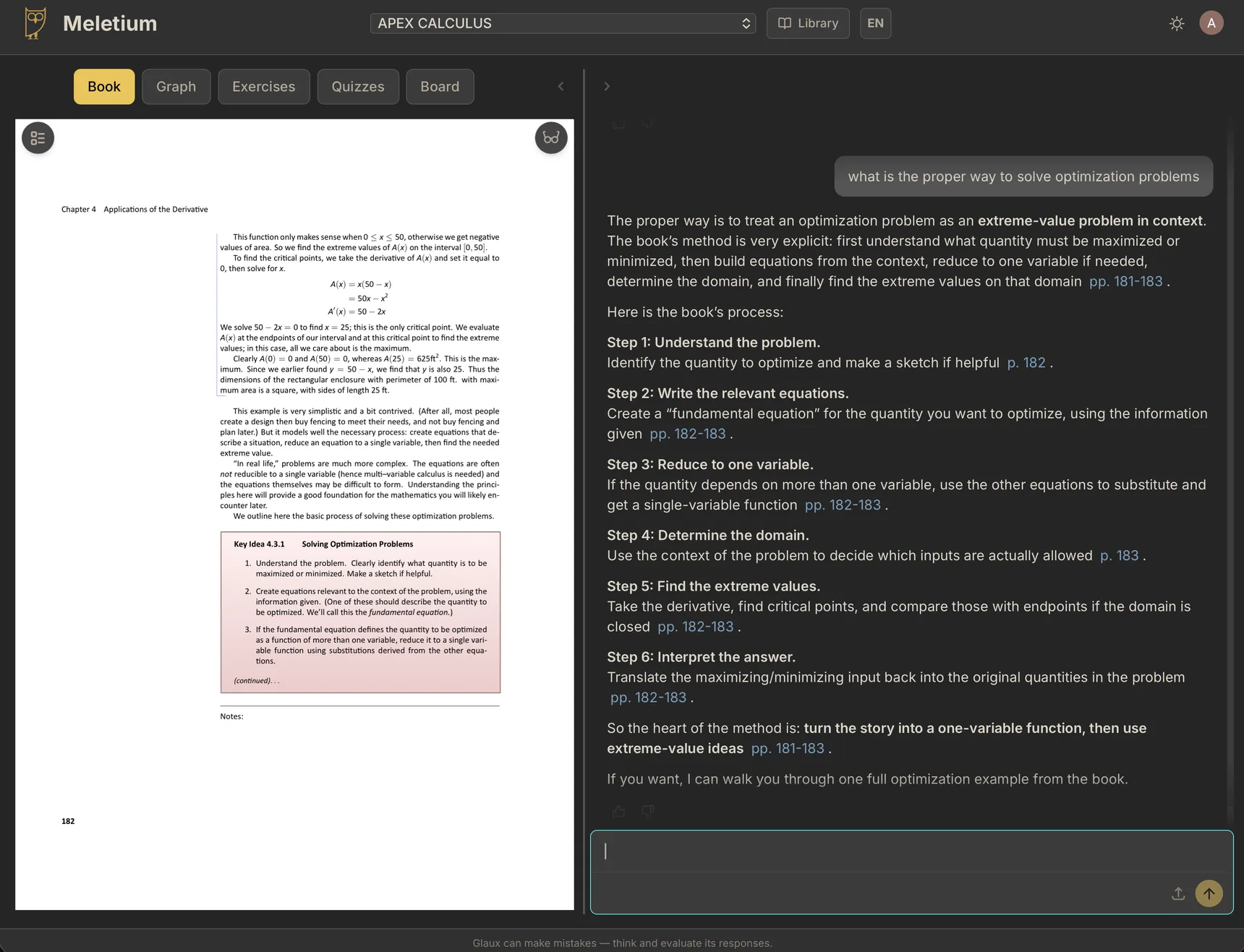 Meletium's reading space, with a page of the textbook filling the main view and the chat alongside it.