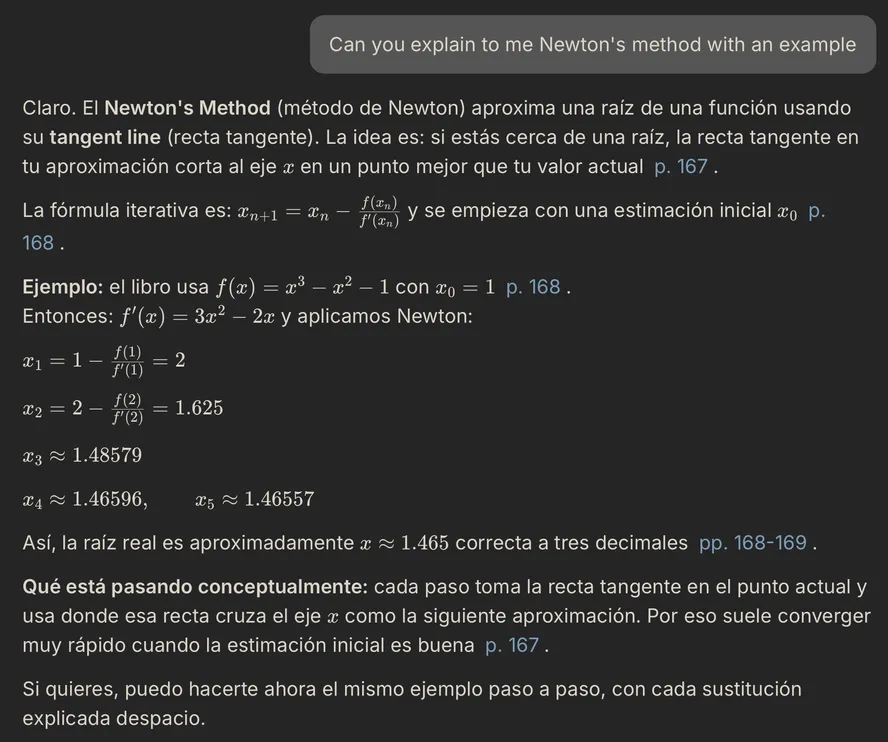 Meletium answering in fluent Spanish, with the English terms Newton's Method and tangent line in bold followed by the Spanish equivalents in parentheses, and page citations to 167, 168 and 168-169.