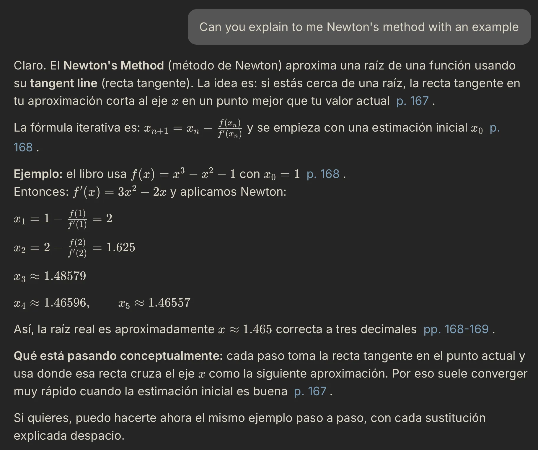 Meletium answering in fluent Spanish, with the English terms Newton's Method and tangent line in bold followed by the Spanish equivalents in parentheses, and page citations to 167, 168 and 168-169.