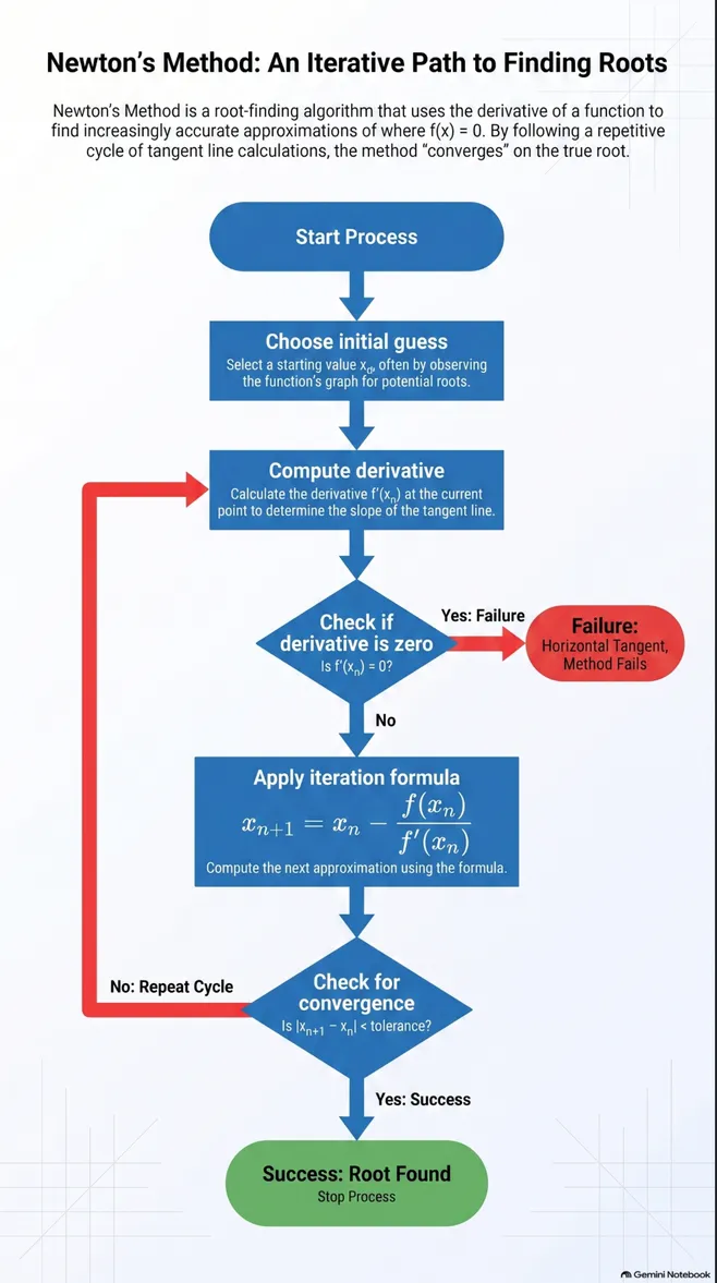 Gemini Notebook's flowchart as a tall corporate-style infographic: headed blue boxes from Start Process to a green Success terminal, a red failure branch for a zero derivative, a red repeat-cycle loop back to the derivative step, the Newton update formula typeset in the iteration box, and a Gemini Notebook watermark.