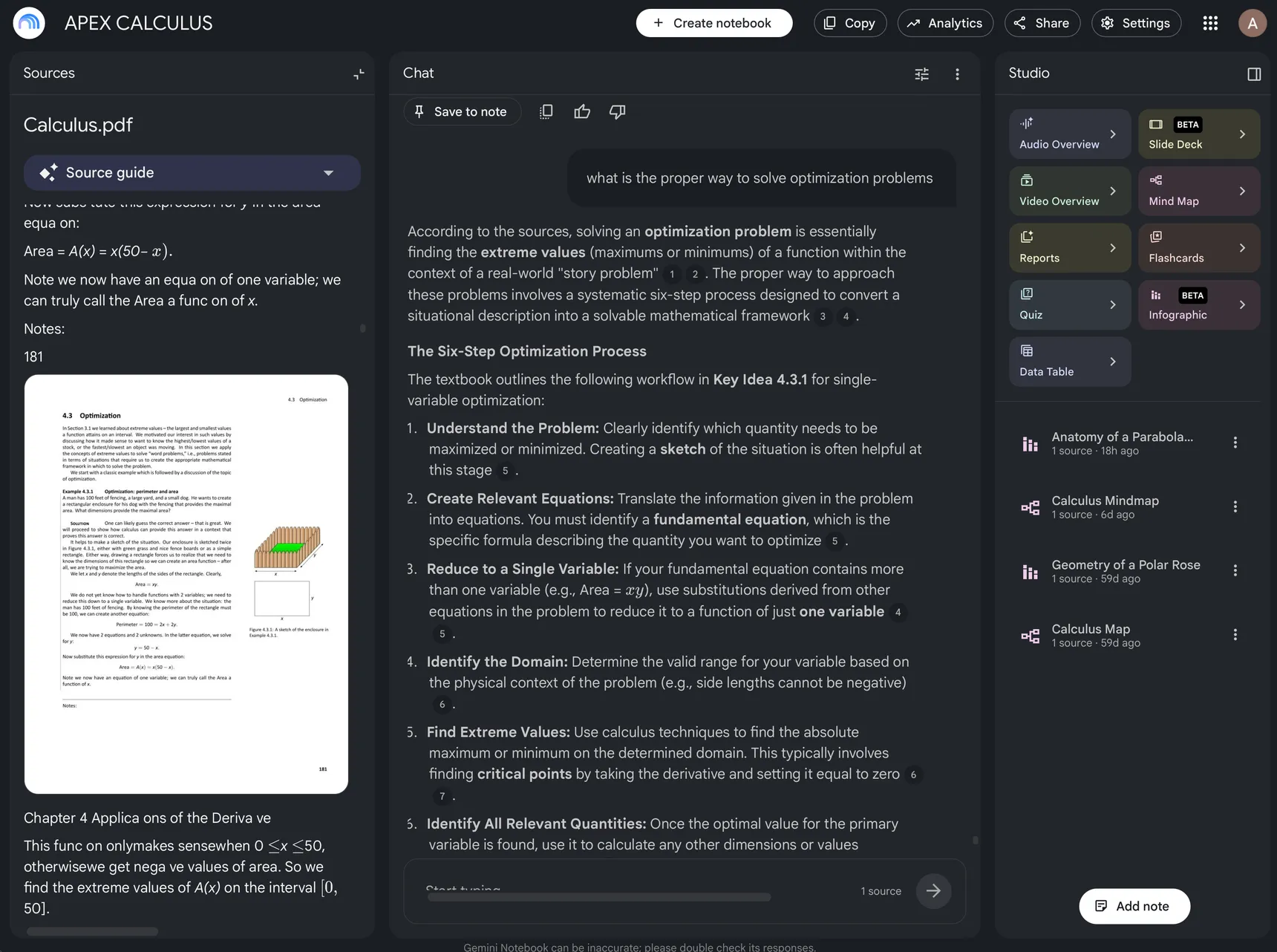Gemini Notebook with APEX Calculus loaded, showing a Sources pane on the left, a chat in the middle, and a Studio panel of artifact generators on the right.
